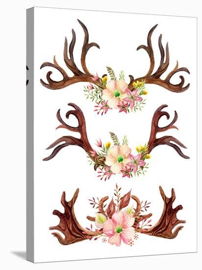 Watercolor Antler with Flowers, Leaves and Herbs-tanycya-Stretched Canvas