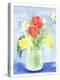 Watercolor Bouquet with Spring Flowers - Red Tulip, Daffodil, Narcissus in Glass Jar. Hand Drawing-Kassiia Sergacheva-Premier Image Canvas