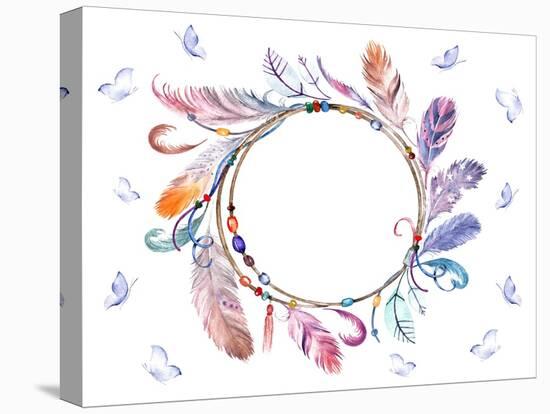 Watercolor Colorful Feathers Frame with Butterflies. Hand Drawn Boho Print for Wedding Card, Invita-Naticka-Stretched Canvas