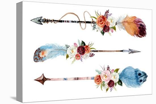 Watercolor Ethnic Boho Set of Arrows, Feathers and Flowers, Native American Tribe Decoration Print-VerisStudio-Stretched Canvas