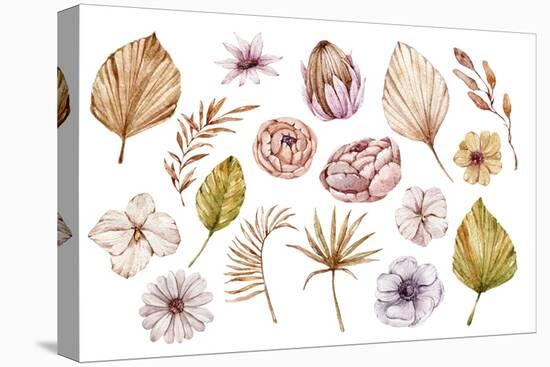 Watercolor Hand Painted Boho Flowers and Leaves Clipart, Individual Elements of Roses, Dried Leaves-Tiana Geo-Stretched Canvas