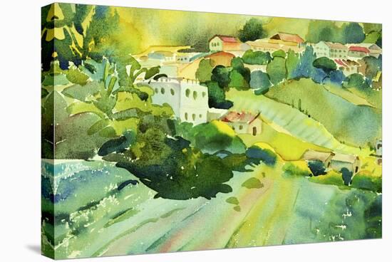 Watercolor Landscape of Village on a Hill-Painterstock-Stretched Canvas