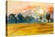 Watercolor Painting Original Landscape Colorful of Rice Field with Big Tree in Sunset and Emotion I-Tanom Kongchan-Stretched Canvas