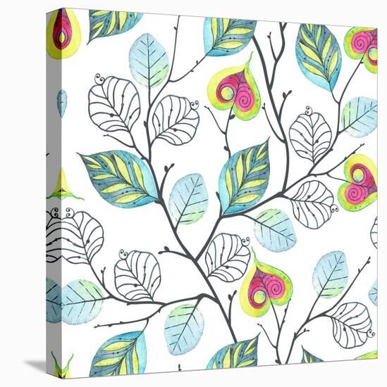 Watercolor Seamless Pattern with Branches and Leaves, Abstract Illustration in Vintage Style.-Nikiparonak-Stretched Canvas