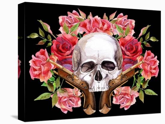 Watercolor Skull with Guns and Roses-tanycya-Stretched Canvas