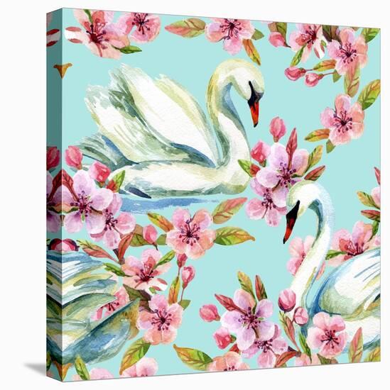 Watercolor Swan and Cherry Bloom-tanycya-Stretched Canvas