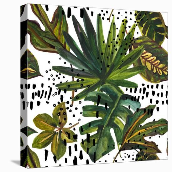 Watercolor Tropical Leaf Pattern - Unusual Leaves on Doodle Background-tanycya-Stretched Canvas