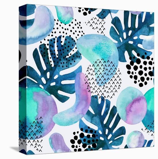 Watercolor Tropical Leaves and Geometric Shapes-tanycya-Stretched Canvas