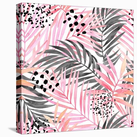 Watercolor Tropical Leaves Seamless Pattern. Watercolour Pink Colored and Graphic Palm Leaf Paintin-tanycya-Stretched Canvas