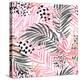 Watercolor Tropical Leaves Seamless Pattern. Watercolour Pink Colored and Graphic Palm Leaf Paintin-tanycya-Stretched Canvas