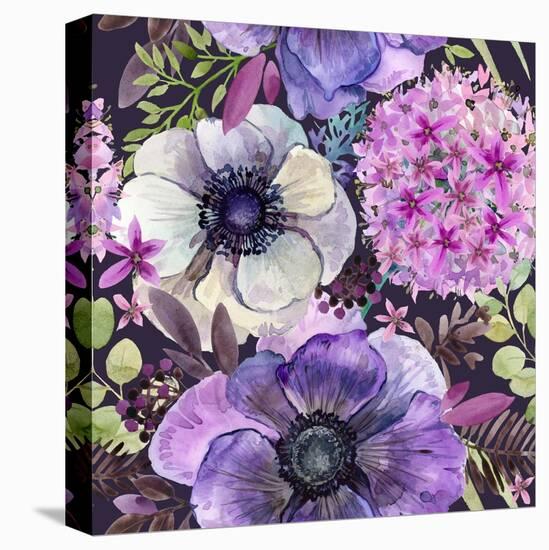 Watercolor Violet Flowers Seamless Pattern. Hand-Drawn Botanical Illustration. Vintage Floral Compo-Faenkova Elena-Stretched Canvas