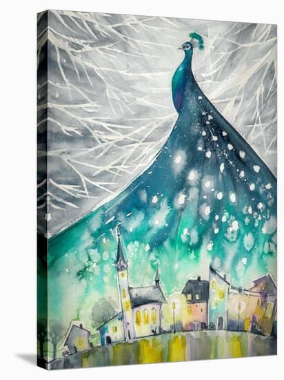 Watercolors Abstract Illustration of Peacock as Night Sky over City.-DeepGreen-Stretched Canvas