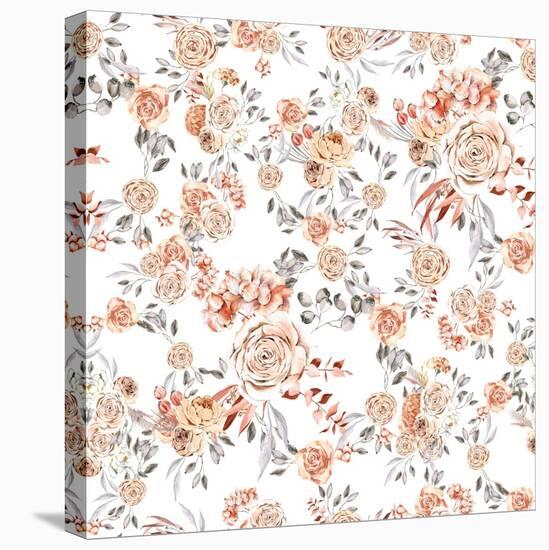 Watercolour Boho Seamless Pattern for Fabric, Beige and Dusty Pink Roses, Boho Dried Floral Repeat-Olga_Koelsch-Stretched Canvas