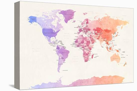 Watercolour Political Map of the World-Michael Tompsett-Stretched Canvas