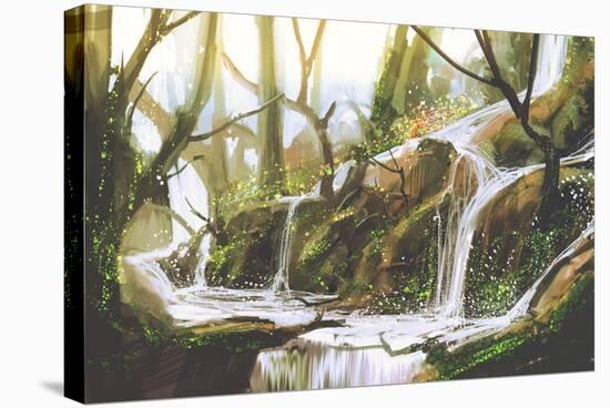 Waterfall in Forest,Illustration Painting-Tithi Luadthong-Stretched Canvas