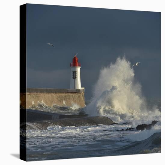 Waves breaking against port wall with lighthouse during storm-Loic Poidevin-Premier Image Canvas