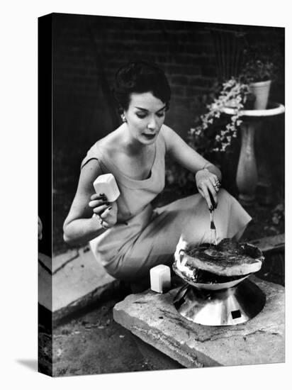 Well-Dressed Woman Cooking a Large Steak on the Aluminum Disposable Barbecue Grill-Peter Stackpole-Premier Image Canvas