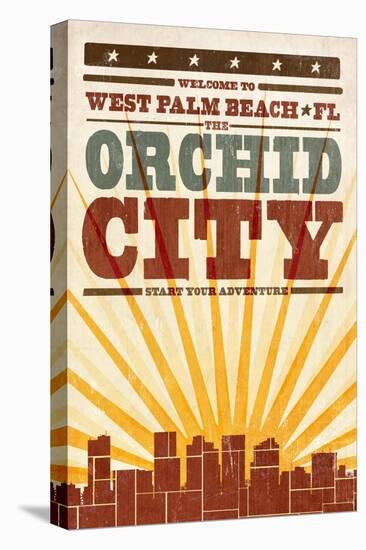 West Palm Beach, Florida - Skyline and Sunburst Screenprint Style-Lantern Press-Stretched Canvas