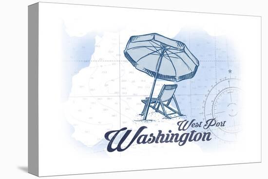 West Port, Washington - Beach Chair and Umbrella - Blue - Coastal Icon-Lantern Press-Stretched Canvas