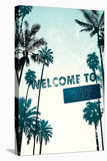 Westlake Village, California - Street Sign and Palms-Lantern Press-Stretched Canvas