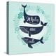 Whales are Cute. Awesome Whales on Marine Background with Floral Wreath in Vector. Lovely Childish-smilewithjul-Stretched Canvas