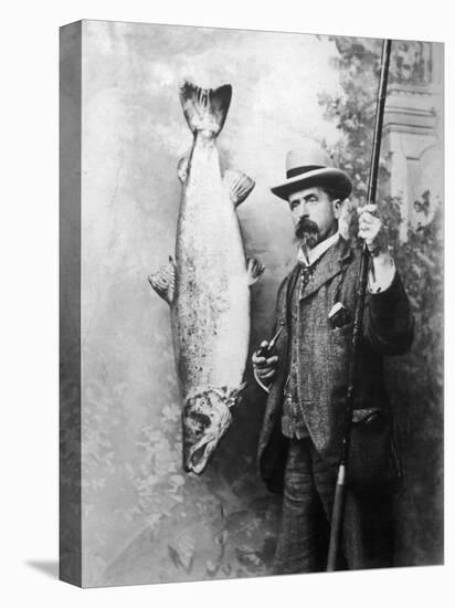 What a Whopper! a Victorian Gentleman Stands Proudly Next to the Salmon He Has Caught-null-Premier Image Canvas
