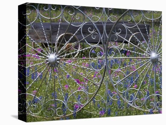 Wheel Gate and Fence with Blue Bonnets, Indian Paint Brush and Phlox, Near Devine, Texas, USA-Darrell Gulin-Premier Image Canvas