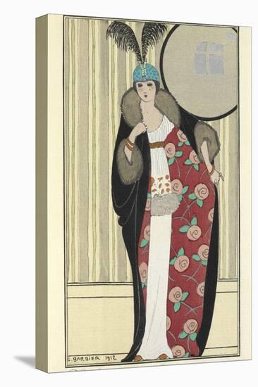 White crepe de chine dress trimmed with fox Otter coat and skunks-Georges Barbier-Premier Image Canvas