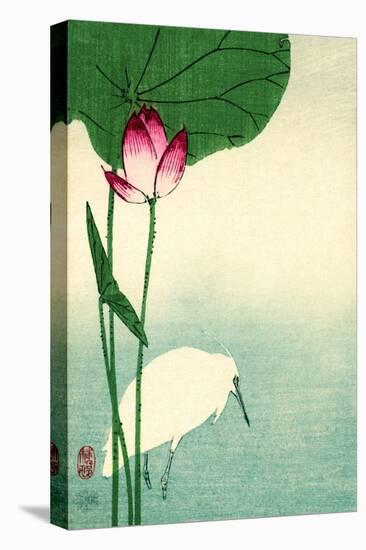 White Heron with Lotus in Water Vintage Japanese Woodblock Print-null-Stretched Canvas