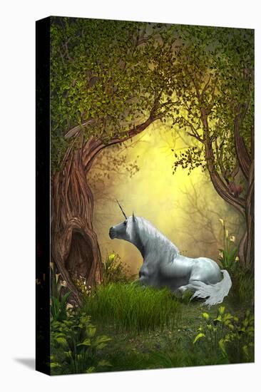 White Woodland Unicorn-null-Stretched Canvas