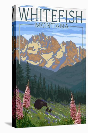 Whitefish, Montana - Bear and Spring Flowers-Lantern Press-Stretched Canvas