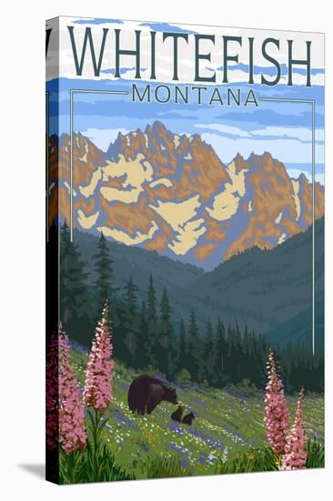 Whitefish, Montana - Bear and Spring Flowers-Lantern Press-Stretched Canvas