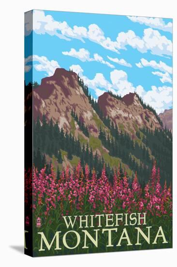 Whitefish, Montana - Fireweed and Mountains-Lantern Press-Stretched Canvas