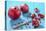 Whole and Sliced Pomegranates on Turquoise Wooden Table-Jana Ihle-Premier Image Canvas