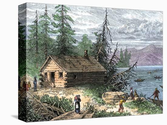 Wilderness Log Cabin of Pioneers Who Travel by River-null-Premier Image Canvas