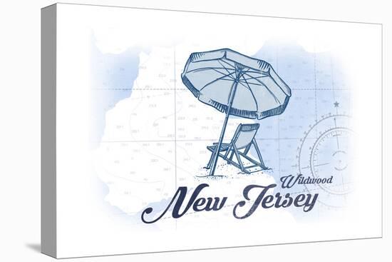 Wildwood, New Jersey - Beach Chair and Umbrella - Blue - Coastal Icon-Lantern Press-Stretched Canvas