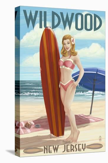 Wildwood, New Jersey - Surfing Pinup Girl-Lantern Press-Stretched Canvas