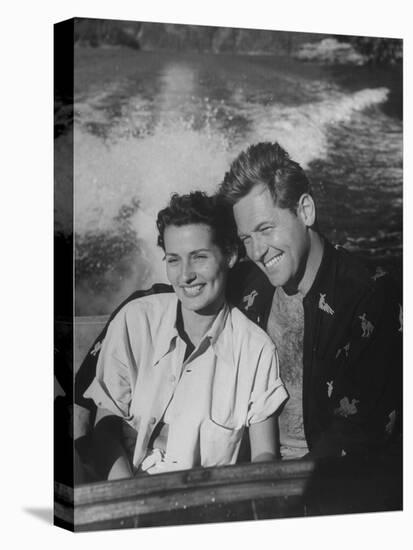 William Holden and His Wife Brenda Enjoying a Power Boat Ride During their Vacation-null-Premier Image Canvas
