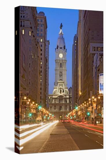 William Penn statue on the top of City Hall at dusk and streaked car lights from Broad Street, P...-null-Premier Image Canvas