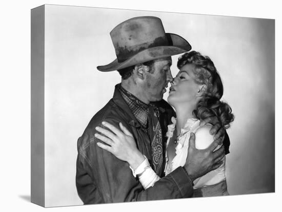 Winchester 73 by AnthonyMann with James Stewart and Shelley winters, 1950 (b/w photo)-null-Stretched Canvas
