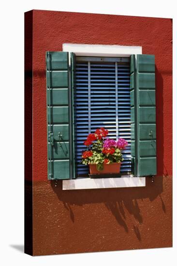 Window with Blue Venetian Blinds and Green Shutters Against Red-Brown Wall. - Burano, Venice-Robert ODea-Premier Image Canvas