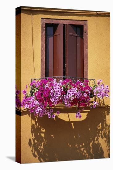 Window with Brown Shutters, Pink Flowers and Yellow Wall. - Burano, Venice-Robert ODea-Premier Image Canvas