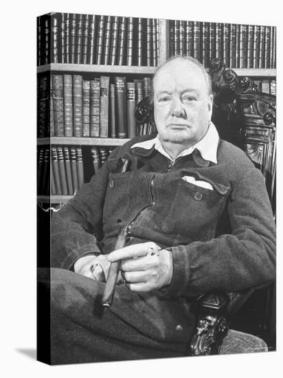 Winston Churchill Holding Cigar, Seated in Study at Chartwell Wearing Zippered Jumpsuit-William Sumits-Premier Image Canvas