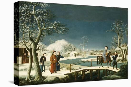 Winter: A Frozen River Landscape with a Lady on a Horse Crossing a Bridge-null-Premier Image Canvas