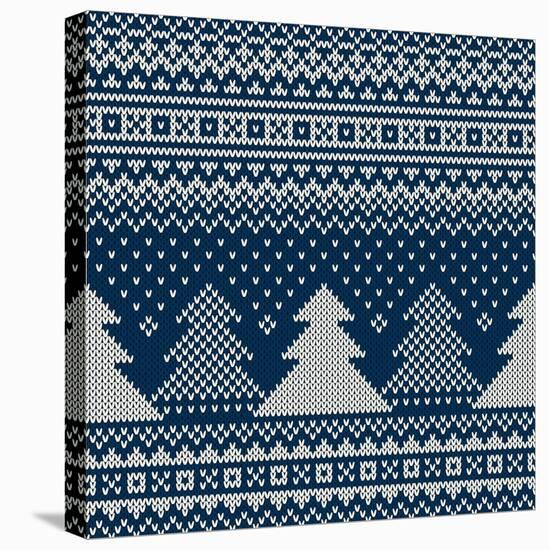 Winter Holiday Seamless Knitted Pattern with Christmas Trees-Atelier_Agonda-Stretched Canvas