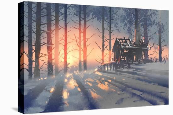 Winter Landscape of an Abandoned House in the Forest,Illustration Painting-Tithi Luadthong-Stretched Canvas
