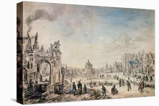 Winter Landscape with Skaters, Dutch Painting of 17th Century-Aert van der Neer-Premier Image Canvas
