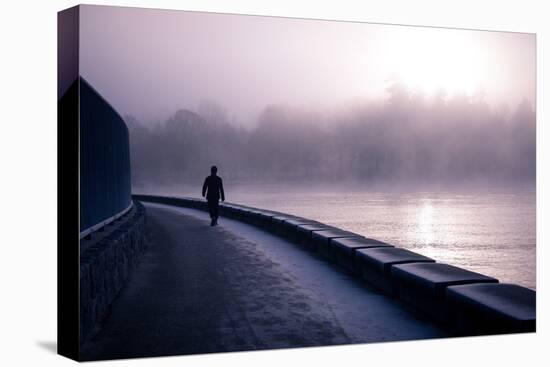 Winter Scene Male Figure Walking Along Pathway Beside Lake-Sharon Wish-Premier Image Canvas