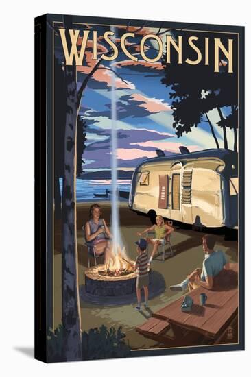 Wisconsin - Retro Camper and Lake-Lantern Press-Stretched Canvas