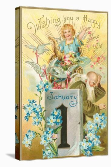 Wishing You a Happy New Year, Victorian Angel, Father Time-null-Stretched Canvas